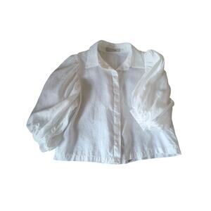 The Femm Sol Linen Puff-Sleeve Blouse Top White Size Small